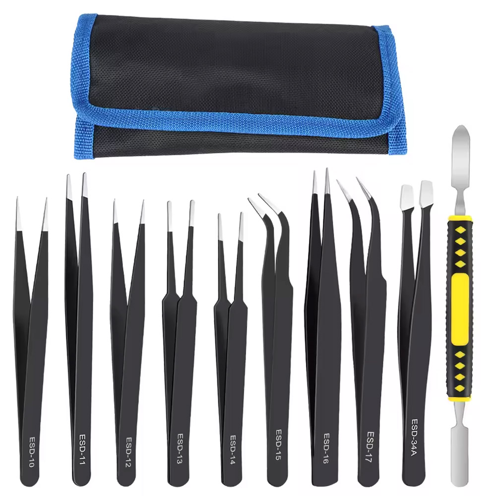 Electronics Repair Parts - ชุดเครื่องมือซ่อมอุปกรณ์อิเล็กทรอนิกส์ 10 ชิ้น/ชุด แหนบป้องกันไฟฟ้าสถิตย์ แบบโค้งและแบบตรง ทำจากสแตนเลส