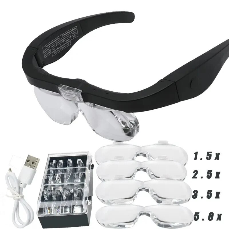 Electronics Repair Glasses - แว่นขยายแบบสวมหัวพร้อมไฟ LED 2ดวงสำหรับอ่านช่างทำนาฬิกาแบบชาร์จไฟได้ USB 1.5X 5.0X